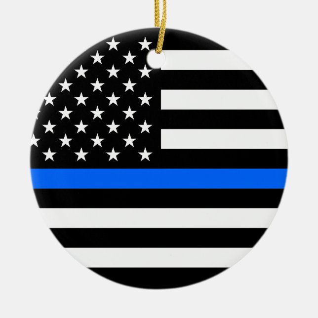 "THIN BLUE LINE ON AMERICAN FLAG" CERAMIC TREE DECORATION (Front)