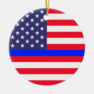 "THIN BLUE LINE ON AMERICAN FLAG" CERAMIC TREE DECORATION