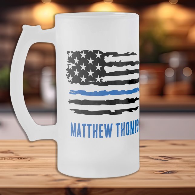 Thin Blue Line Personalised Police Officer Frosted Glass Beer Mug (Creator Uploaded)