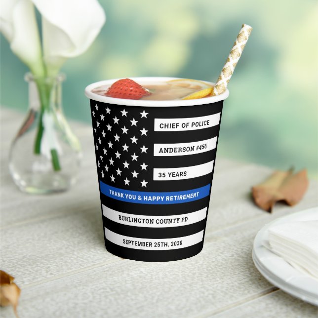 Thin Blue Line Personalised Police Retirement Paper Cups (Insitu)