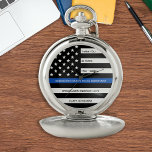 Thin Blue Line Personalised Police Retirement Pocket Watch<br><div class="desc">Celebrate and show your appreciation to an outstanding Police Officer with this Thin Blue Line Retirement or Anniversary Police Pocket Watch - American flag design in Police Flag colours in a modern black an blue design . Perfect for service awards and Police Retirement gifts . Personalise this police retirement watch...</div>