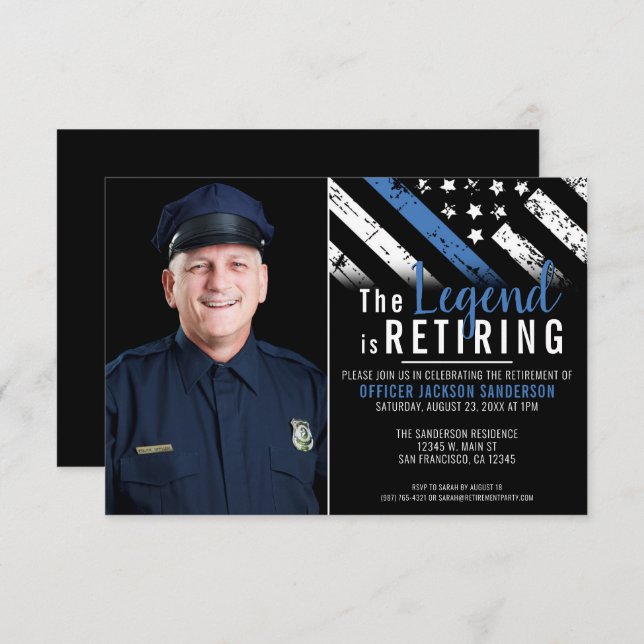 Thin Blue Line Photo Police Retirement Party Invitation (Front/Back)