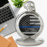 Thin Blue Line Police Badge Number  Pocket Watch<br><div class="desc">Celebrate and show your appreciation to an outstanding Police Officer with this Thin Blue Line Police Pocket Watch - American flag design in Police Flag colours, distressed design . Perfect for service awards and Police graduation gifts . Personalise with police officers badge number. COPYRIGHT © 2020 Judy Burrows, Black Dog...</div>