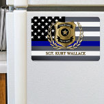 Thin Blue Line Police Badge Personalised  Magnet<br><div class="desc">Fun police officer's personalised fridge magnet. Gold police badge with your city name department,  your rank and name over the classic thin blue line police flag.</div>