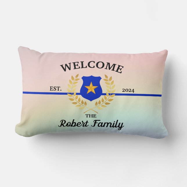 Thin Blue Line Police Badge Welcome Throw Pillow (Front)