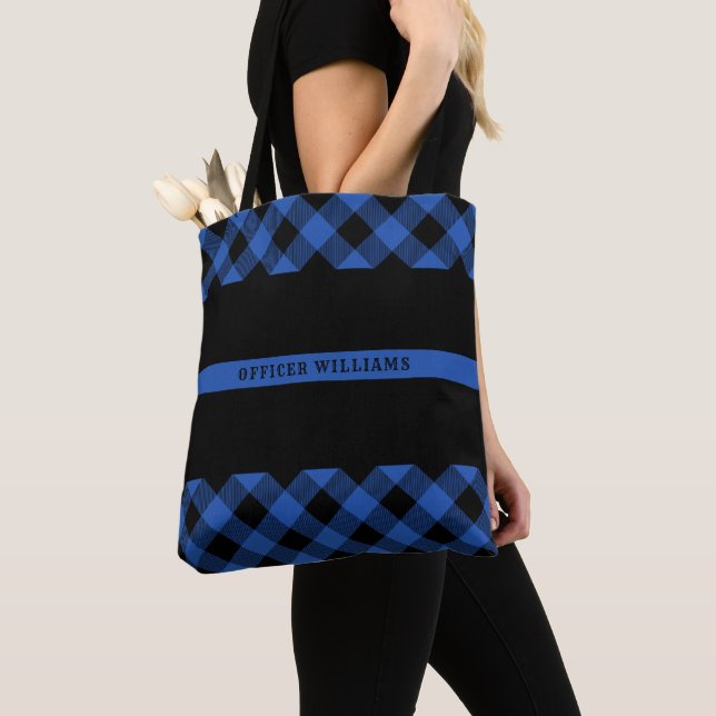 Thin Blue Line Police Buffalo Plaid Monogram Tote Bag (Close Up)