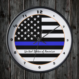 Thin Blue Line Police Flag & American Flag / USA Round Clock