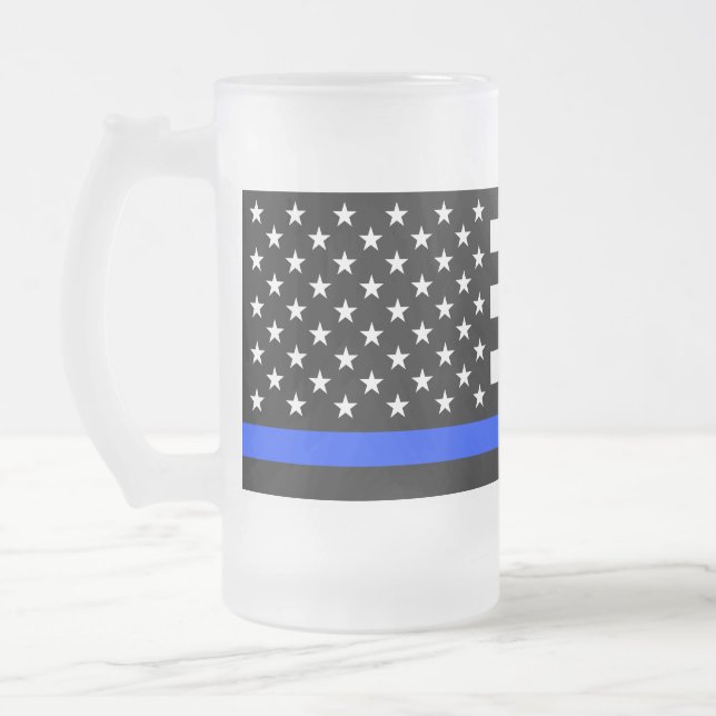 Thin Blue Line Police Flag Frosted Glass Beer Mug (Left)