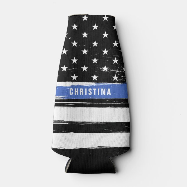 Thin Blue Line Police Flag Grunge Personalised Bottle Cooler (Front)