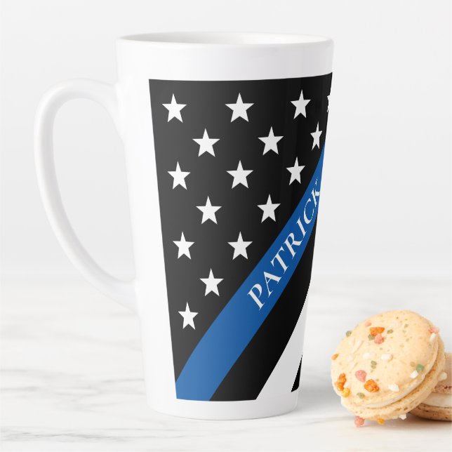Thin Blue Line Police Flag Monogram Name Latte Mug (In Situ)