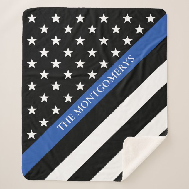 Thin Blue Line Police Flag Monogram Name Sherpa Blanket (Front)