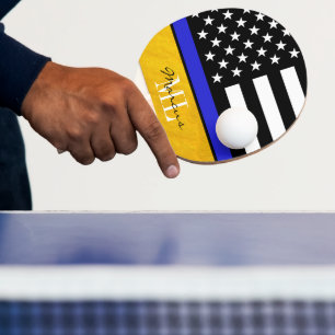 Thin Blue Line & Police flag Monogrammed / Golden Ping Pong Paddle