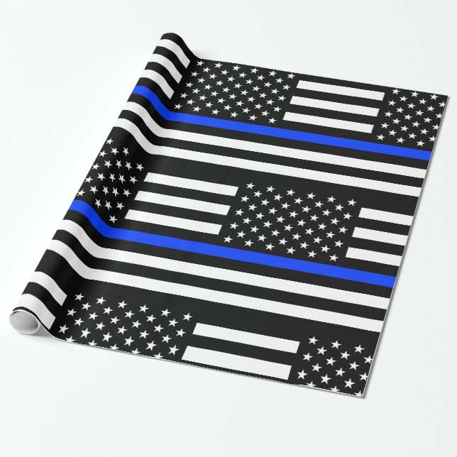 Thin Blue Line Police Flag Wrapping Paper (Unrolled)