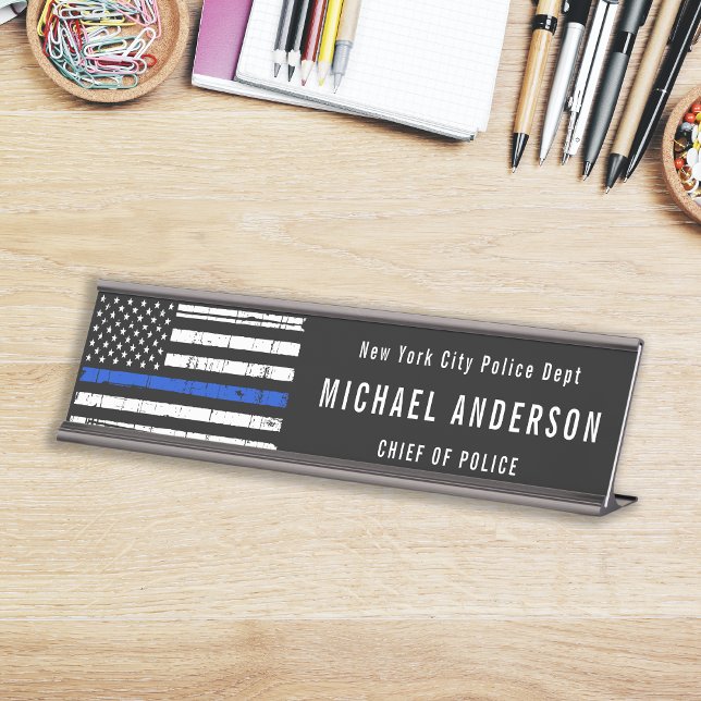 Thin Blue Line Police Officer American Flag Desk Name Plate (Creator Uploaded)