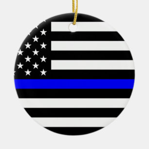 Thin Blue Line Police Officers Memorial Flag Ceramic Tree Decoration