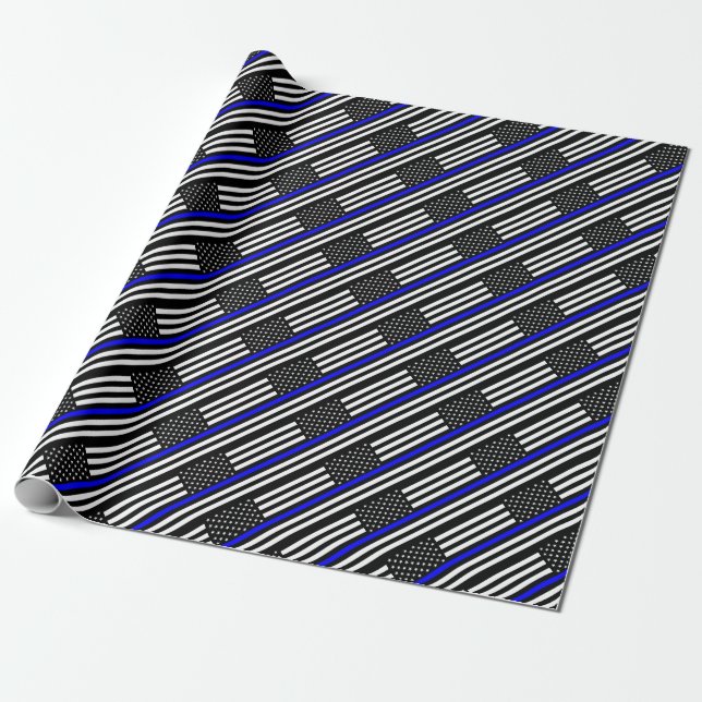 Thin Blue Line Police Officers Memorial Flag Wrapping Paper (Unrolled)