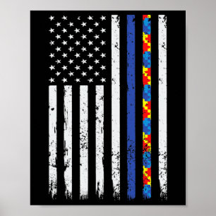 Thin Blue Line Police Support Autism 4th July Mum  Poster
