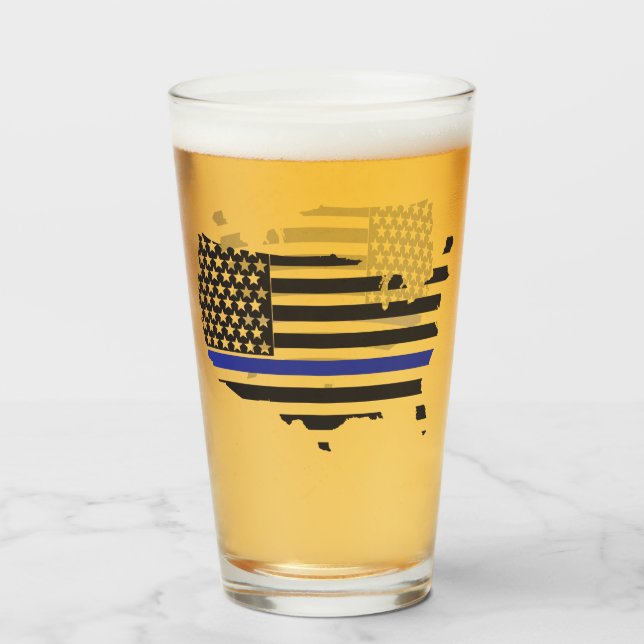 Thin Blue Line Police Support, USA Flag Patriotic Glass (Front Filled)