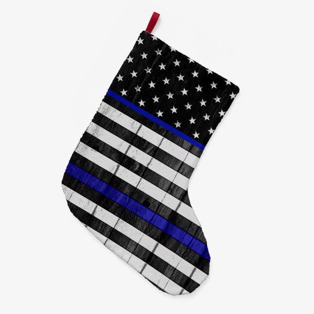 Thin Blue Line Police Wooden Flag Large Christmas Stocking (Front (Hanging))