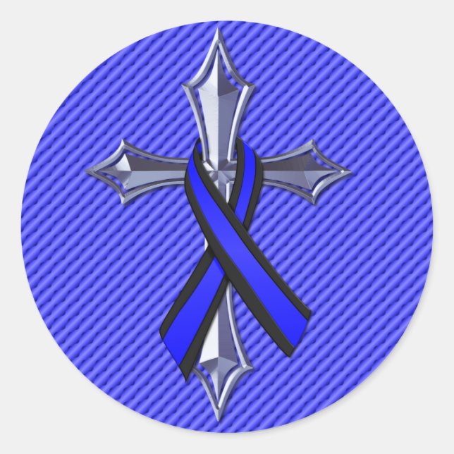 Thin Blue Line Prayer For Safety Cross and Ribbon Classic Round Sticker (Front)