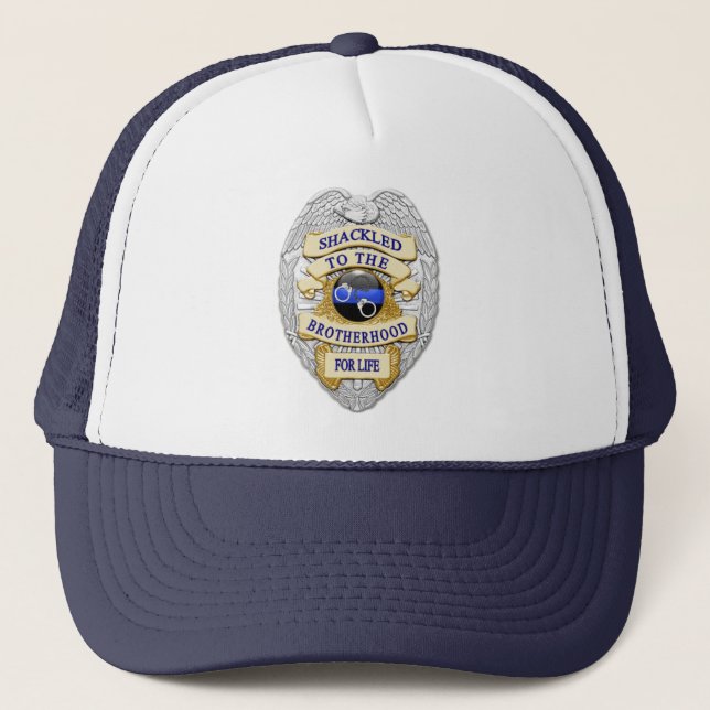 Thin Blue Line - Shackled to the Brotherhood Badge Trucker Hat (Front)