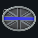 Thin Blue Line Union Jack Design Oval Belt Buckle<br><div class="desc">A Thin Blue Line symbol on a bold black Union Jack British Flag design all over motif. A design statement that is sure to make an impression on formal and casual occasions as well. A great last minute gift for yourself or for someone special on your list. Designs are available...</div>