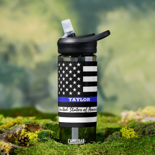 Thin Blue Line & USA personalized police flag Water Bottle