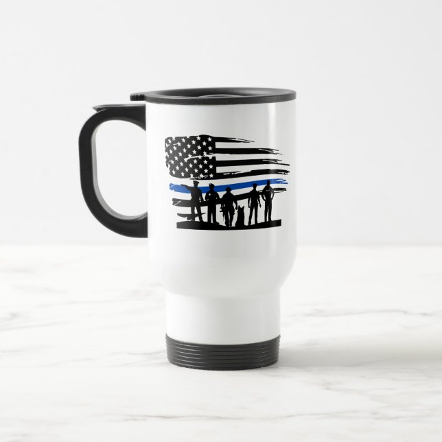 Thin Blue Line, USA Police Support, USA Flag Travel Mug (Left)
