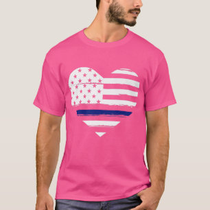 Thin Blue Line White USA Flag Heart Distressed Gru T-Shirt