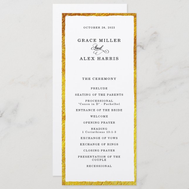 Thin faux gold border wedding program invitation (Front/Back)
