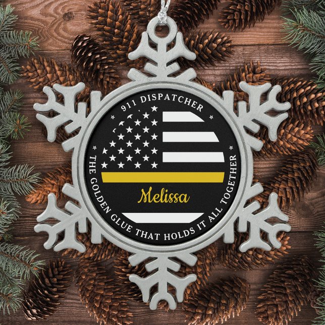 Thin Gold Line Custom Golden Glue 911 Dispatcher  Snowflake Pewter Christmas Ornament (Creator Uploaded)