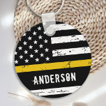 Thin Gold Line Flag Personalised Dispatcher Key Ring<br><div class="desc">Thin Gold Line Flag Keychain - USA American flag design in Dispatcher Flag colours, distressed design . Perfect for all 911 dispatchers, police dispatchers and fire dispatchers. Personalise with dispatchers name.. This thin gold line keychain is perfect for a dispatcher retirement party favours, dispatcher thank you gift . COPYRIGHT ©...</div>