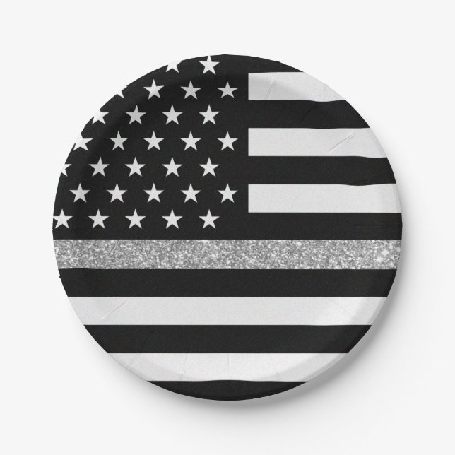 Thin Gray Line Glitter Flag Paper Plate (Front)