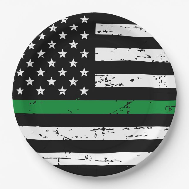 Thin Green Line Flag Military Retirement Party Paper Plate (Front)