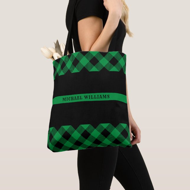 Thin Green Line Military Buffalo Plaid Monogram Tote Bag (Close Up)