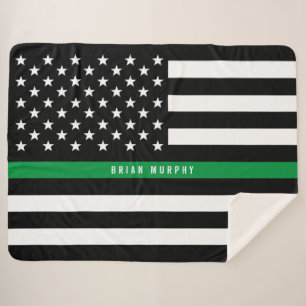 Thin Green Line Military Flag Monogram Large Sherpa Blanket