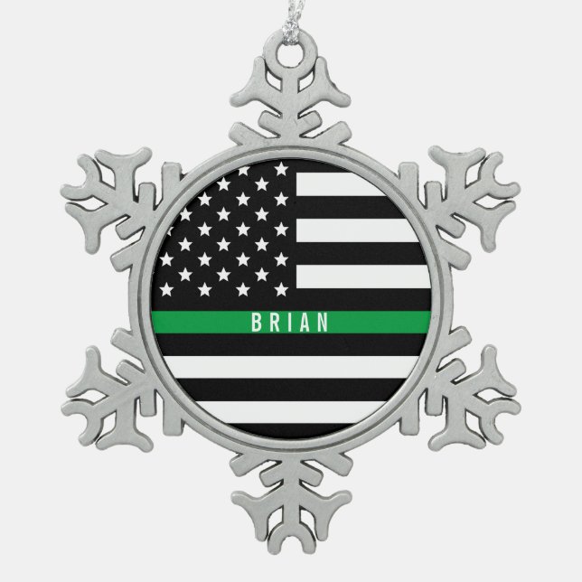 Thin Green Line Military Monogrammed Name Snowflake Pewter Christmas Ornament (Front)