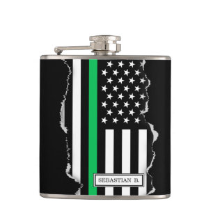 Thin Green Line   USA Flag Torn Out Look Hip Flask