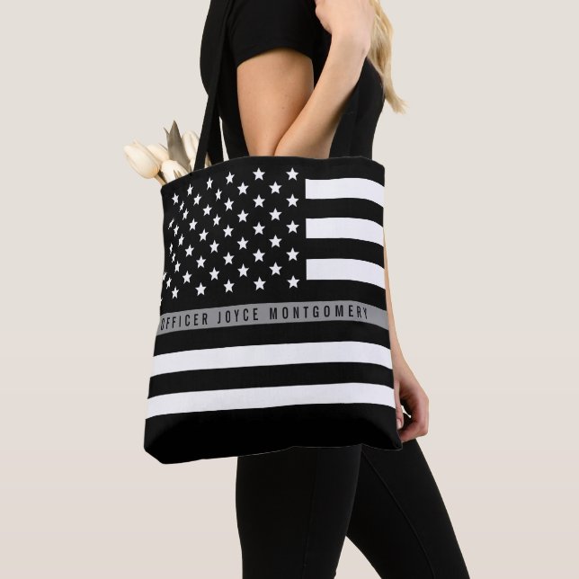 Thin Grey Line American Flag Monogrammed Name Tote Bag (Close Up)