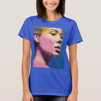 Thin Pink Continuous Line Woman with Yellow Flashe T-Shirt
