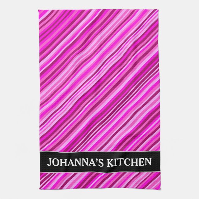 Thin Pink & Magenta Lines Pattern + Custom Name Tea Towel (Vertical)