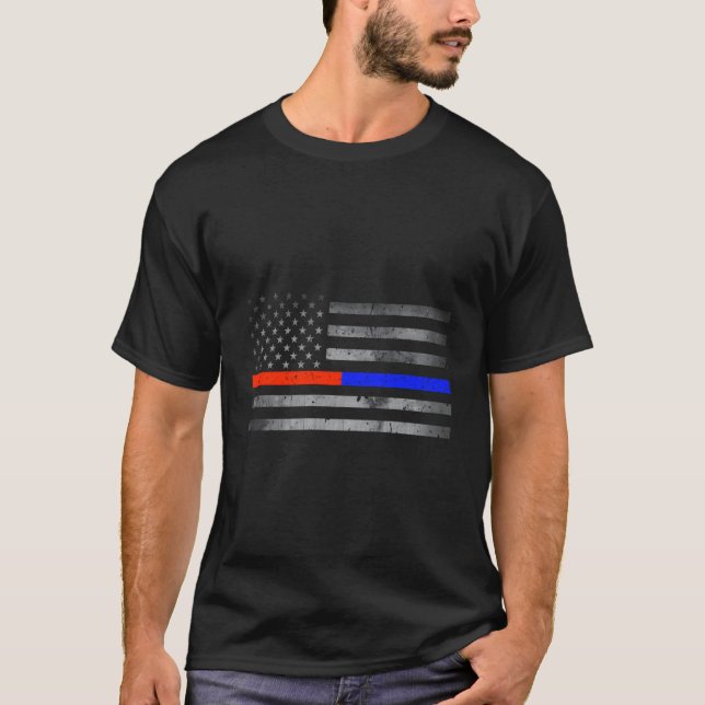 Thin Red Blue Line Flag Firefighter Police T-Shirt (Front)