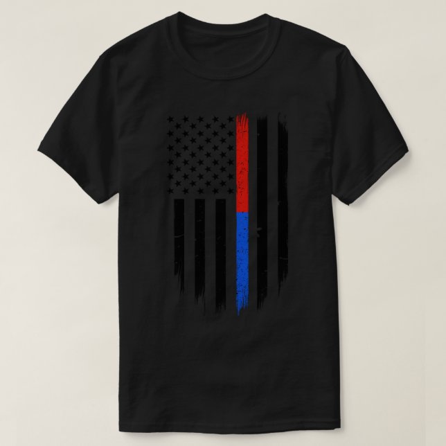 Thin Red Blue Line Flag Support Police Firefighter T-Shirt (Design Front)