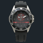 Thin Red Line Custom Name Stripe Firefighter Watch<br><div class="desc">You are part of the brotherhood and sisterhood of fire rescue. Celebrate this with this custom watch that puts your name in red along the continuous thin red line along the lower centre of the watch. Closer towards the centre, the classic firefighter symbol the Maltese Cross. A modern and stylish...</div>