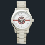 Thin Red Line Customised Fire Rescue Themed Watch<br><div class="desc">An elegant white, and red stripe watch with a spot for yours or your gift recipient's name. Underneath this is a classic fire rescue Maltese Cross symbol resting inside the centre of the watch. A great gift for anyone who is a part of a fire rescue team, serving or retired....</div>