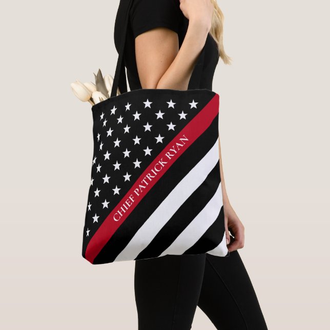 Thin Red Line Firefighter American Flag Monogram Tote Bag (Close Up)