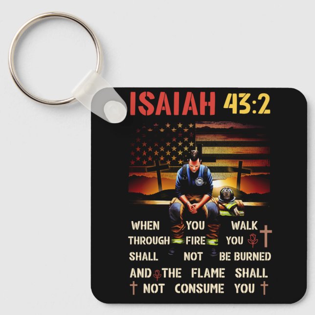 Thin Red Line Firefighter Cross Bible Verse Americ Key Ring (Front)