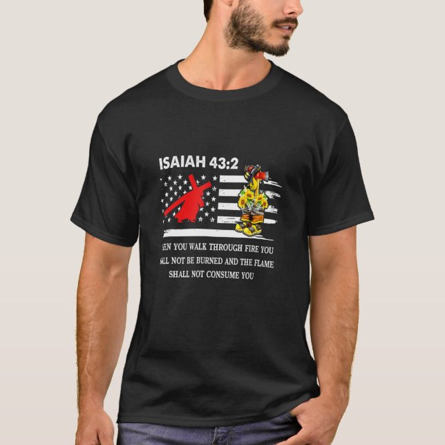 Thin Red Line Firefighter Cross Bible Verse Americ T-Shirt (Front)