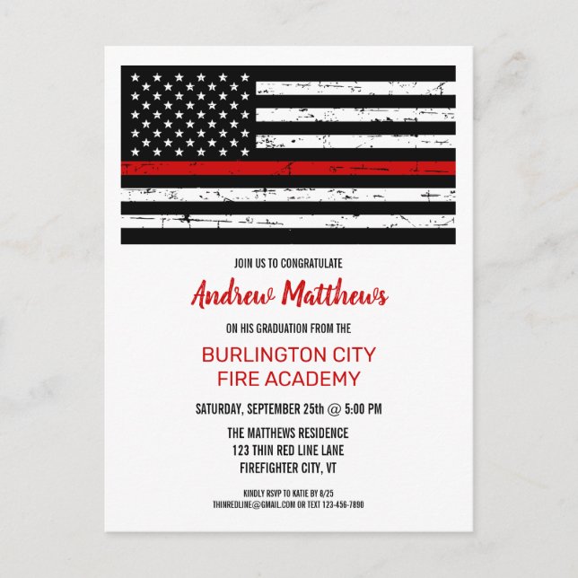 Thin Red Line Firefighter Fire Academy Graduation Invitation Postcard (Front)