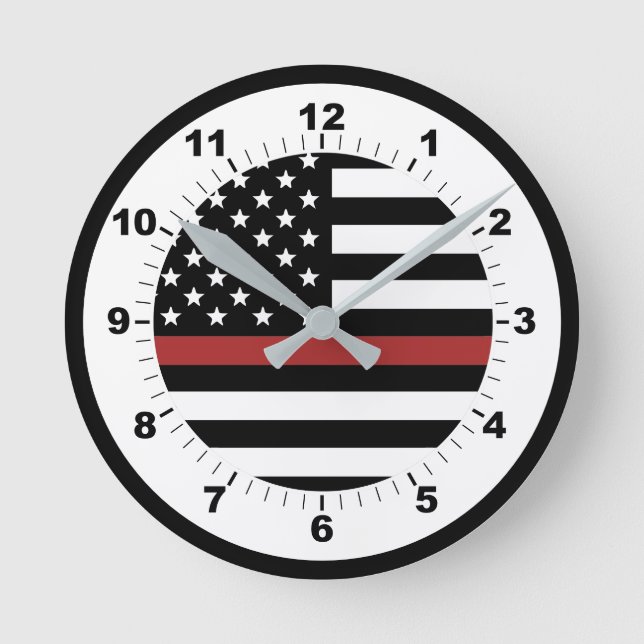 Thin Red Line Firefighter Flag Fire Department Round Clock (Front)